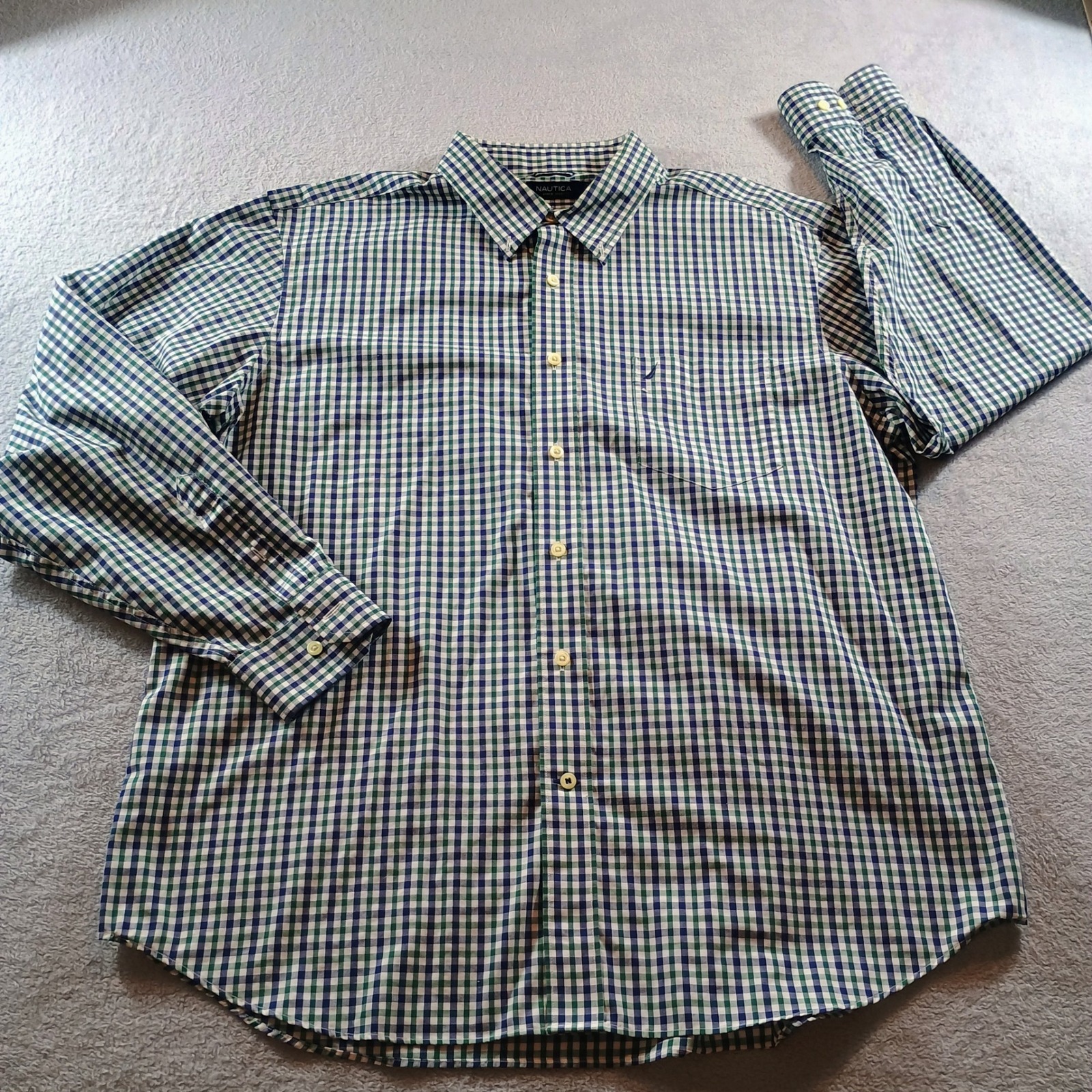 Nautica Mens Gingham Button Down Green Blue Xl Wrinkle Resistant Preppy Classic